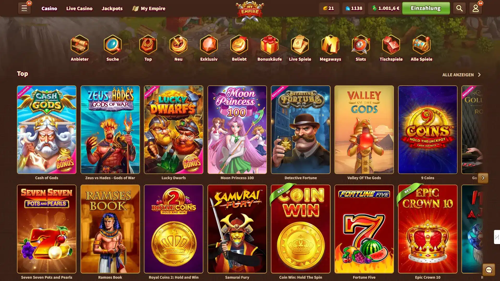 MyEmpire Casino Spieleauswahl