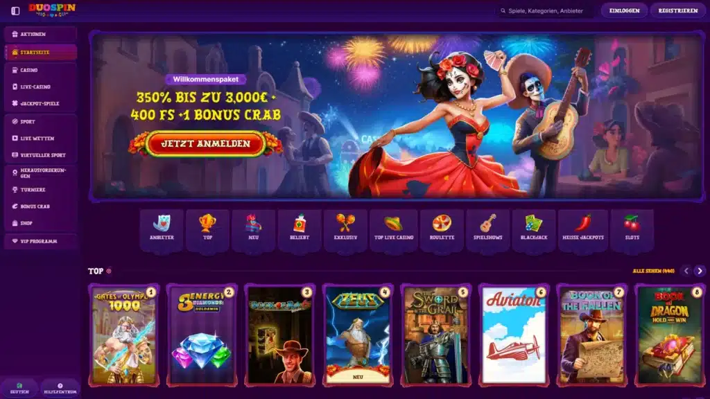 duospin casino homepage wallpaper DE casinotester