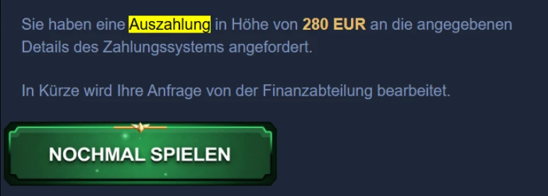 Betwarts-Meldung: Auszahlung über 280 € angefordert