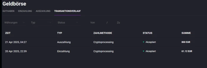 Luckycircus-Transaktionsverlauf: Einzahlung 61,12 € am 20.04.2025, Auszahlung 800 € am 21.04.2025, beides akzeptiert